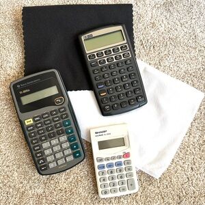 Lot of Three Calculators Screen Cleaning Cloth & Soft White Bag